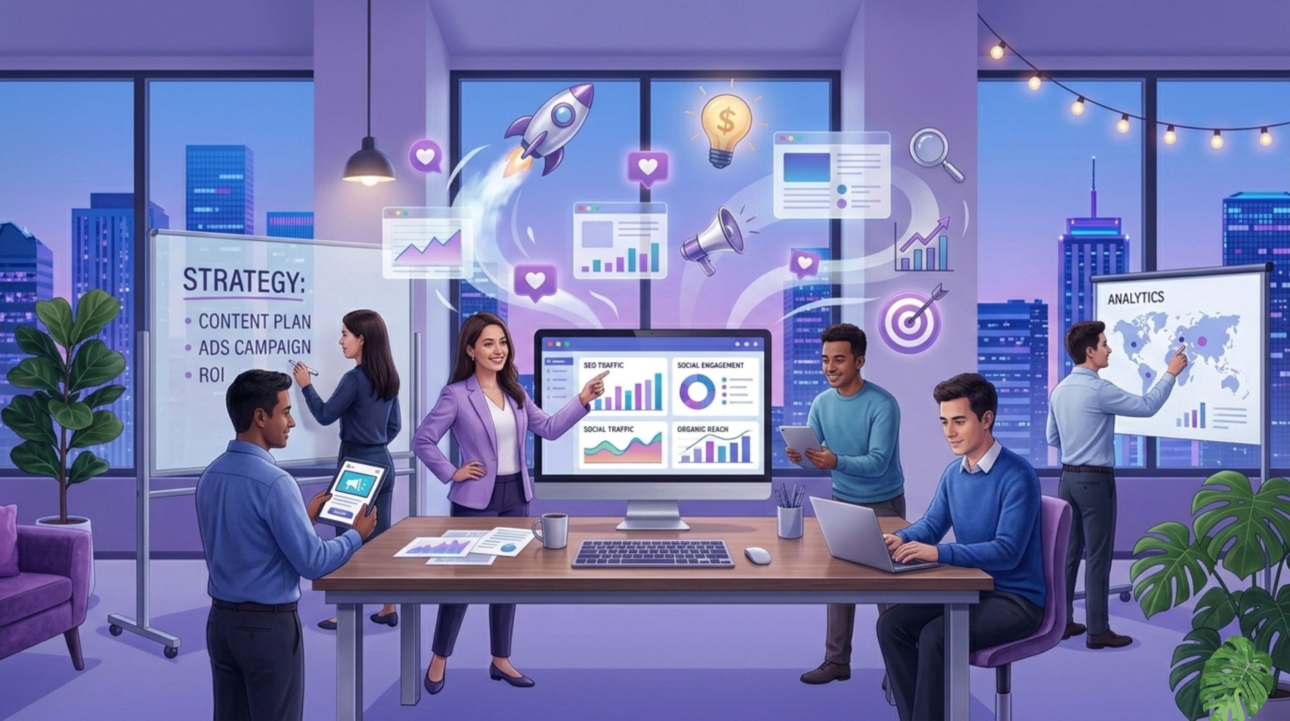 Digital marketing team working on SEO, ads campaign and analytics strategy